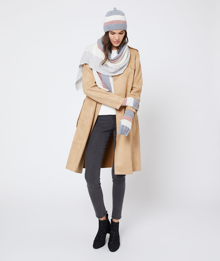 Manteau ceinturé effet daim ecru.