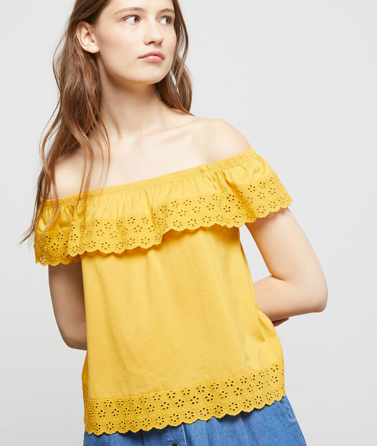 Top bustier à broderie anglaise curry.