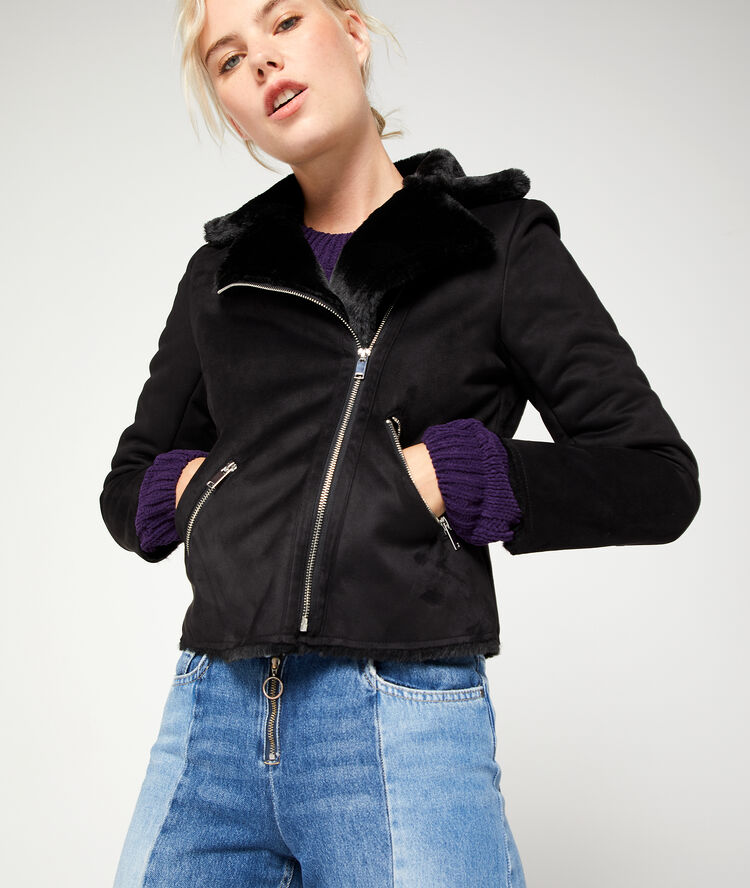 Blouson biker fourré noir.