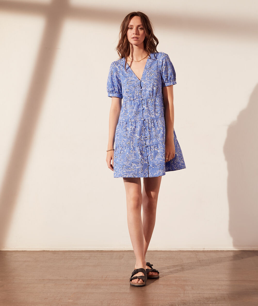 Robe chemise évasée imprimé fleuri ciel.