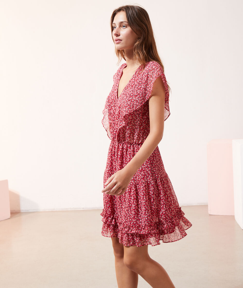 Robe imprimé fleuri à volants framboise.