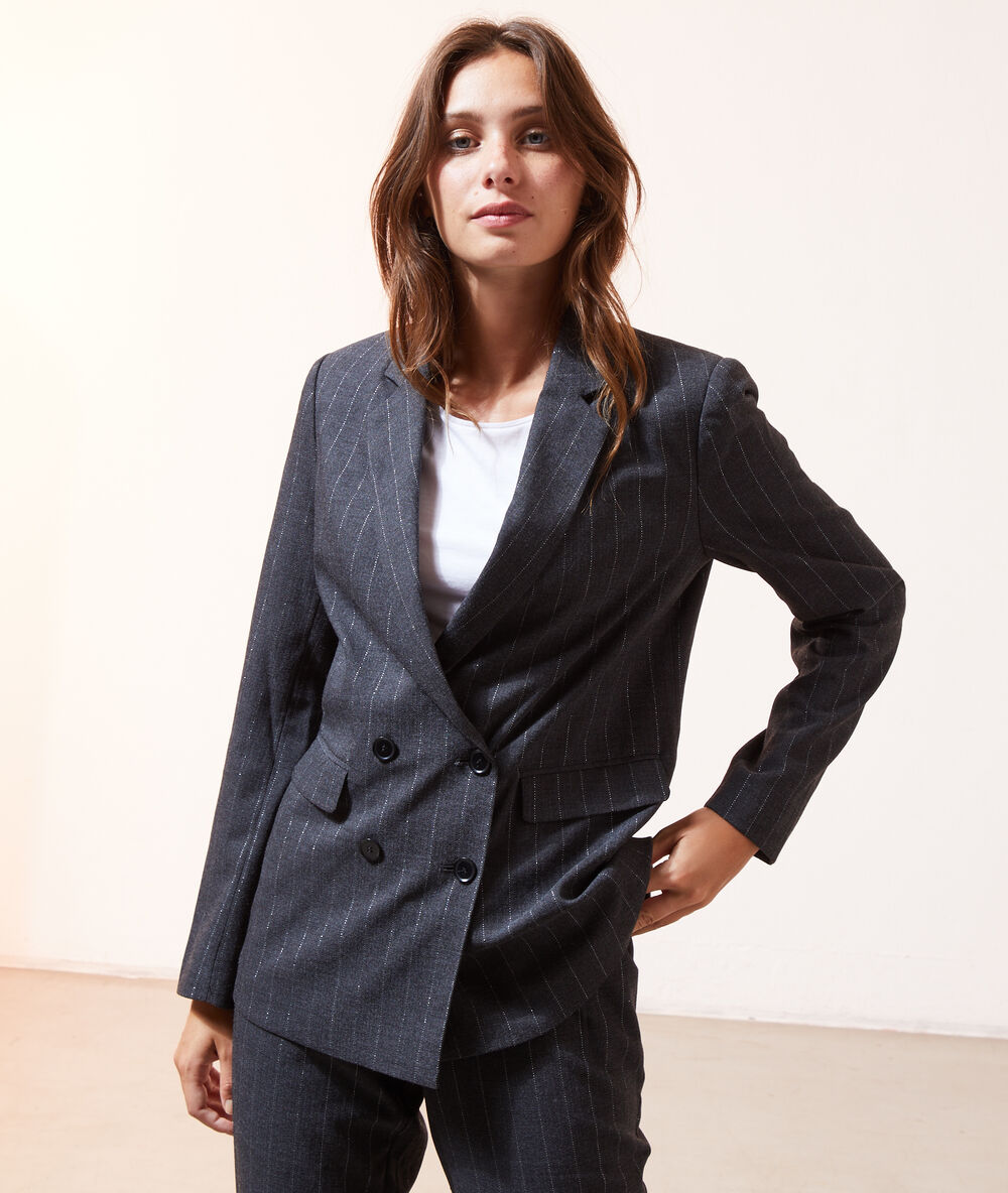 Veste de tailleur à rayures métallisées noir.
