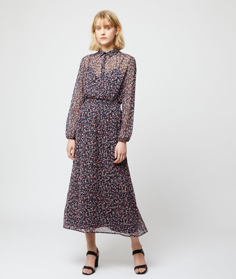 Robe smokée imprimé fleuri marine.