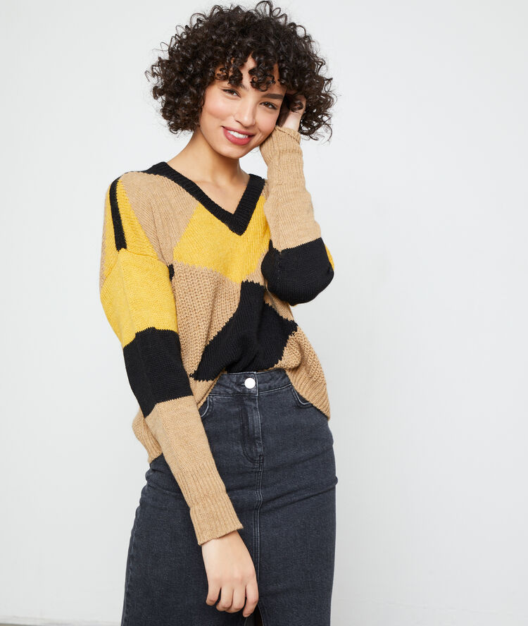 Pull graphique en grosse maille camel.