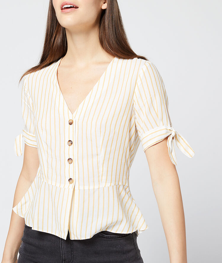 Blouse manches nouées à rayures curry.
