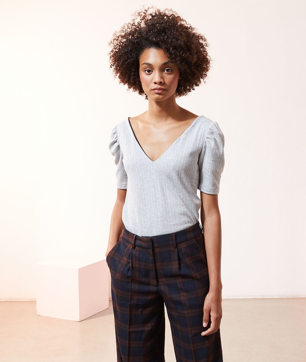 Top col v 2 en 1 - brassière intégrée gris chine.