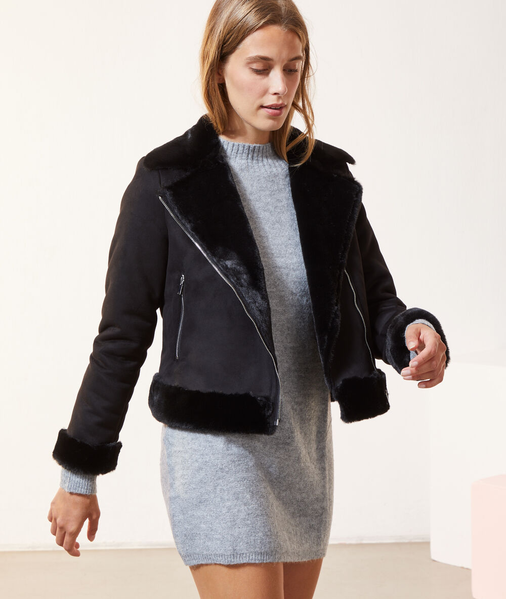 Veste de biker effet daim et fausse fourrure noir.
