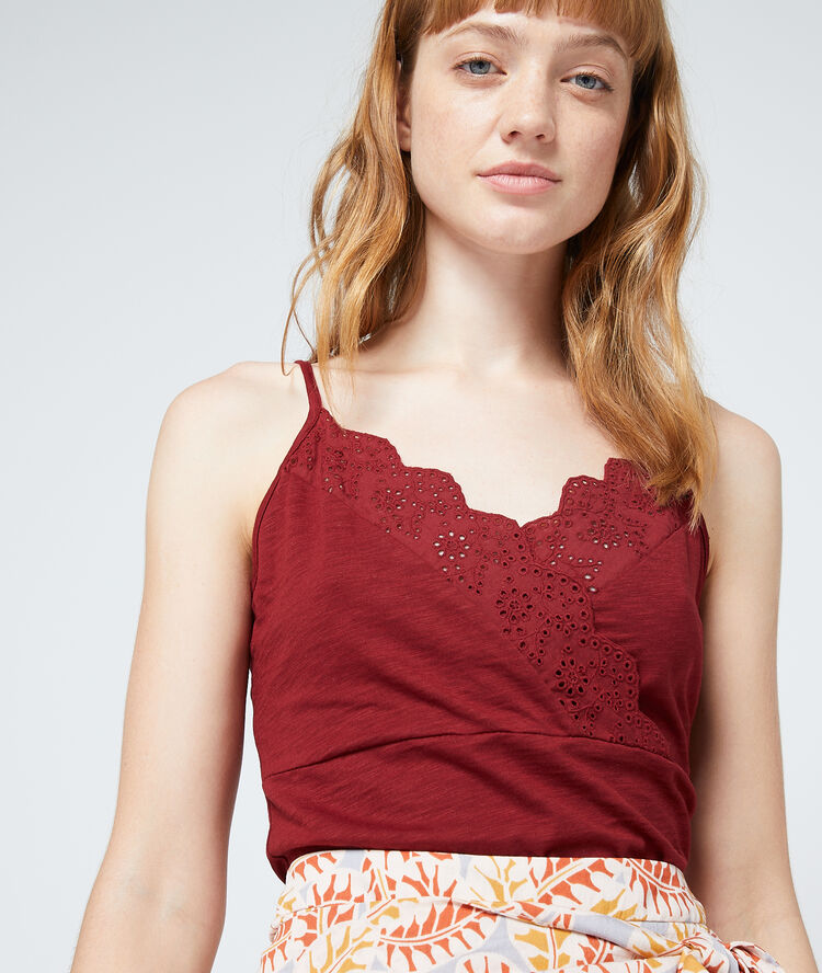 Top décolleté cache-cœur en coton grenat.