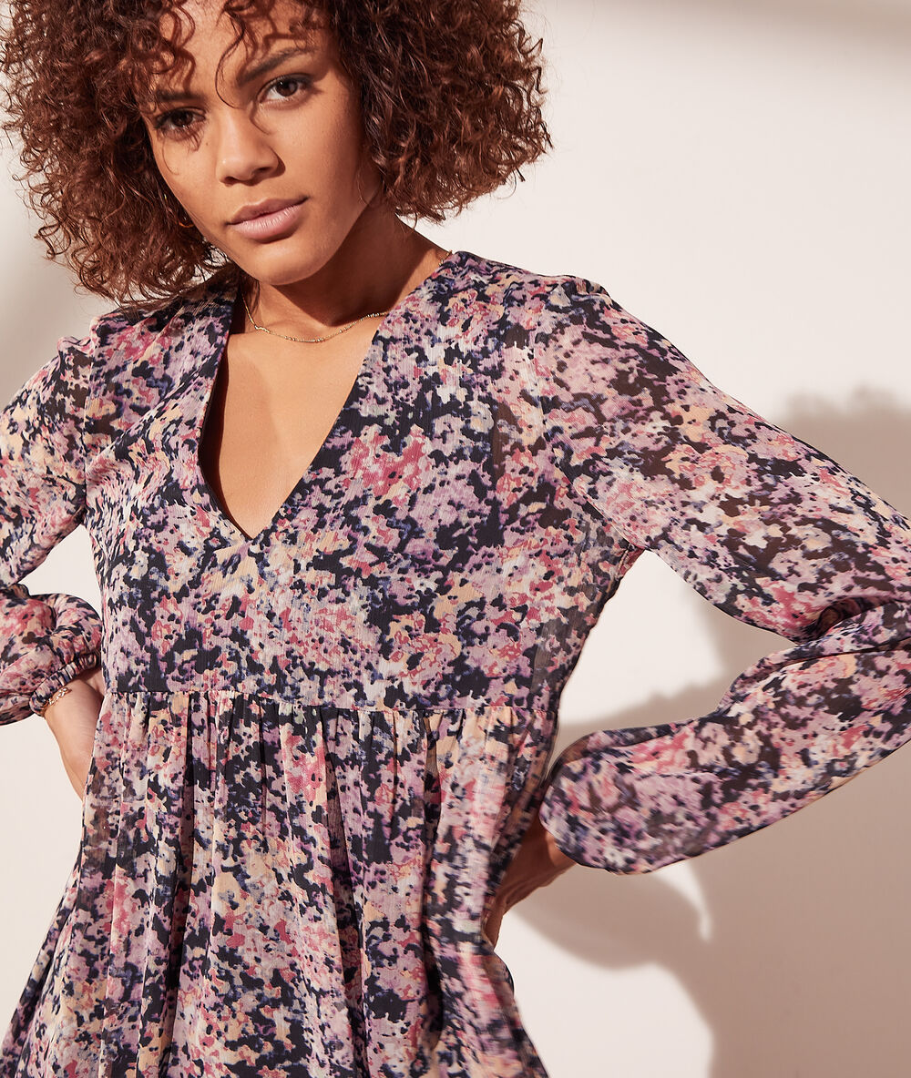 Robe fluide imprimé fleuri 2 en 1 - brassière intégrée marine.