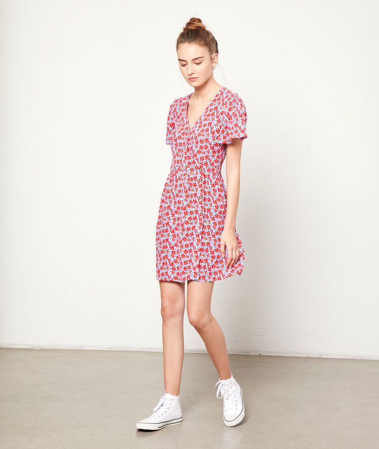 Robe imprimé fleuri à boutons geranium.