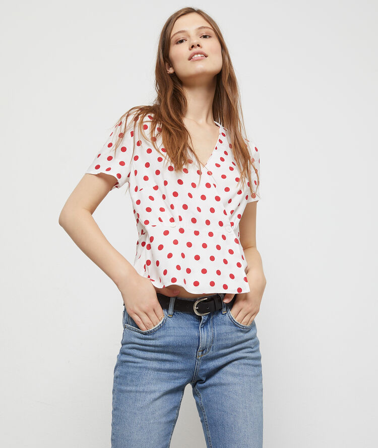 Blouse cache-coeur à pois ecru.