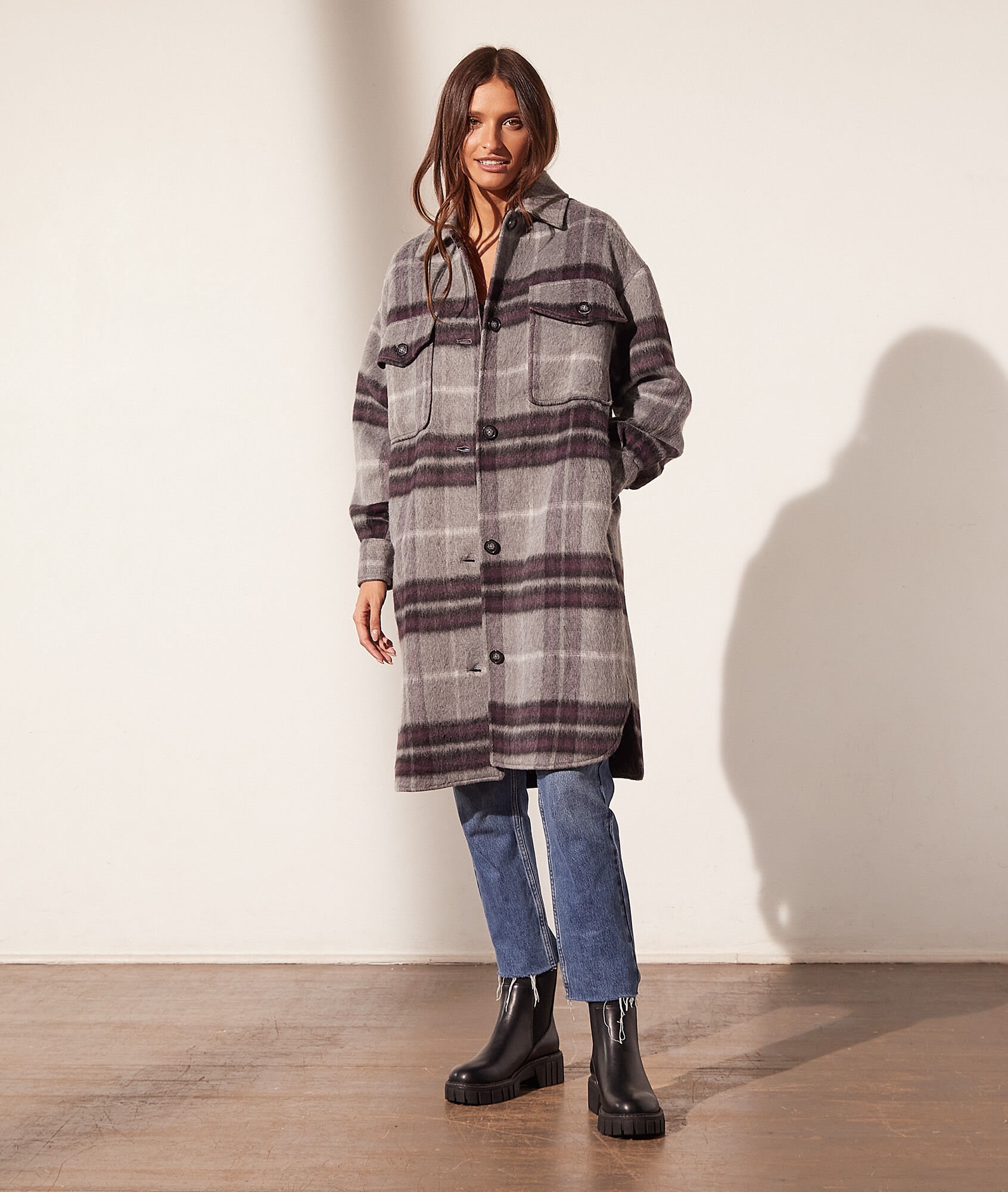 Manteau mi-long à carreaux - Dorne - S - Violet - Femme - Etam