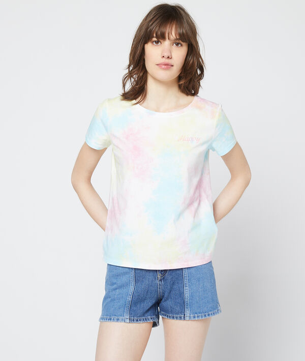 T-shirt brodé "happy" tie and dye rose pale.