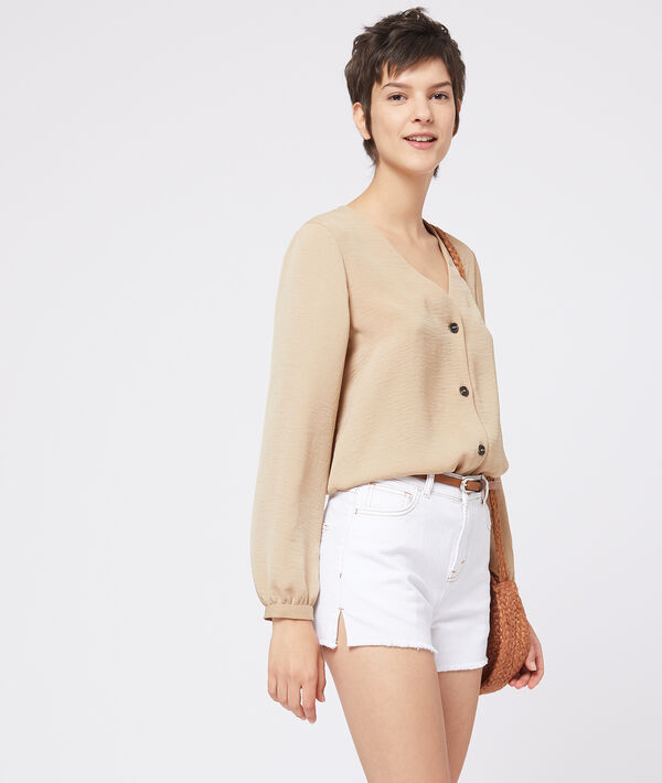 Blouse boutonnée à col v camel.