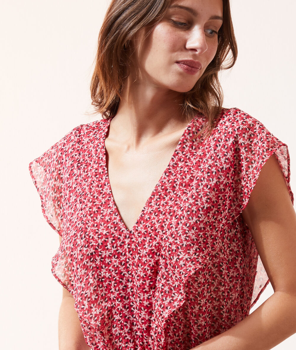 Robe imprimé fleuri à volants framboise.