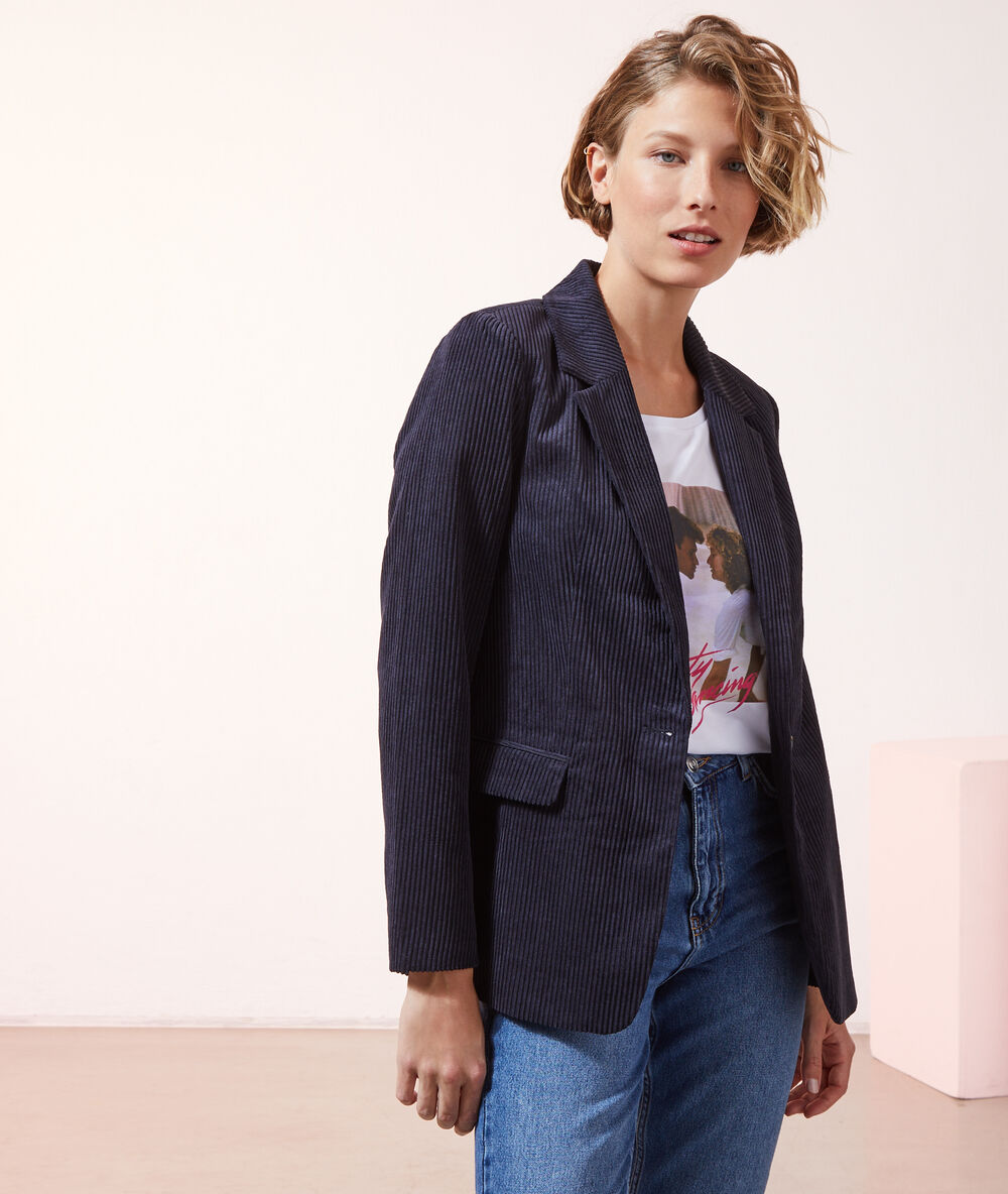 Veste de tailleur en velours côtelé bleu marine.