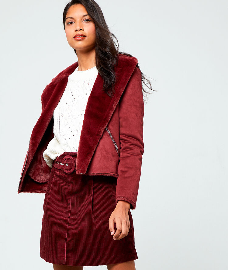 Blouson biker fourré bordeaux.