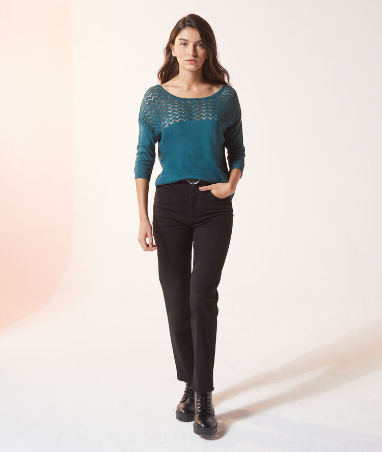 Pull en maille ajourée vert paon.