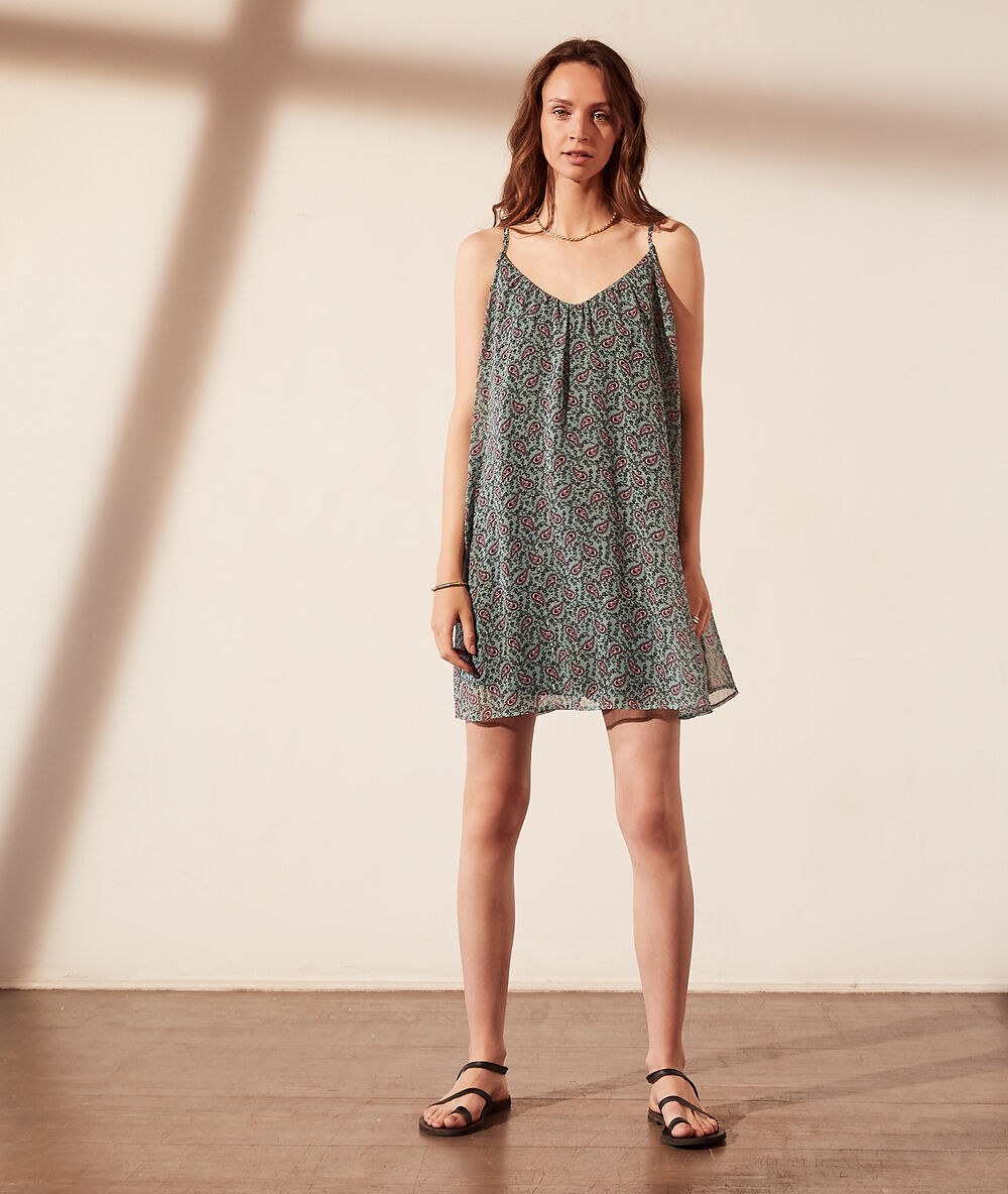Robe fleurie à fils métallisés 2 en 1 - brassière intégrée sauge.