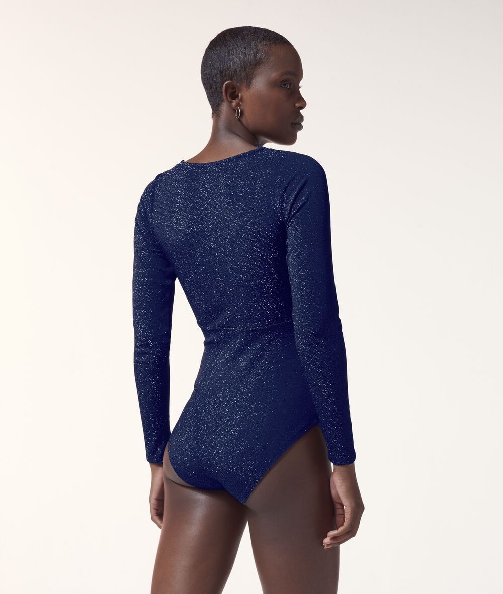 Body pailleté décolleté plongeant bleu marine.