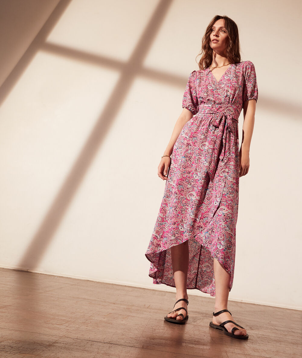 Robe portefeuille ceinturée imprimé fleuri fushia.