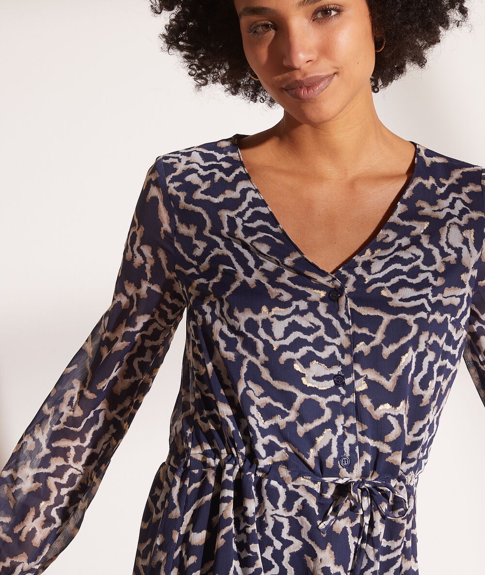 Robe fluide imprimé à nouer bleu marine.