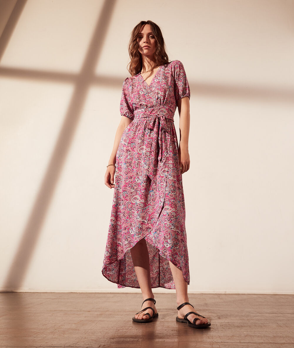 Robe portefeuille ceinturée imprimé fleuri fushia.