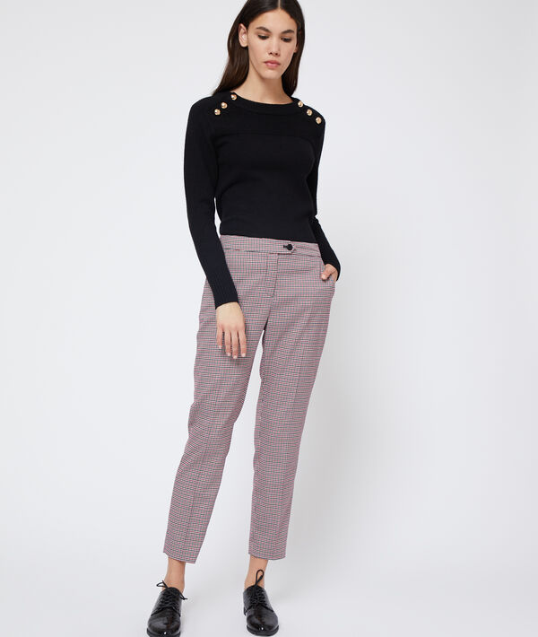 Pantalon droit à motifs pied de poule marine.
