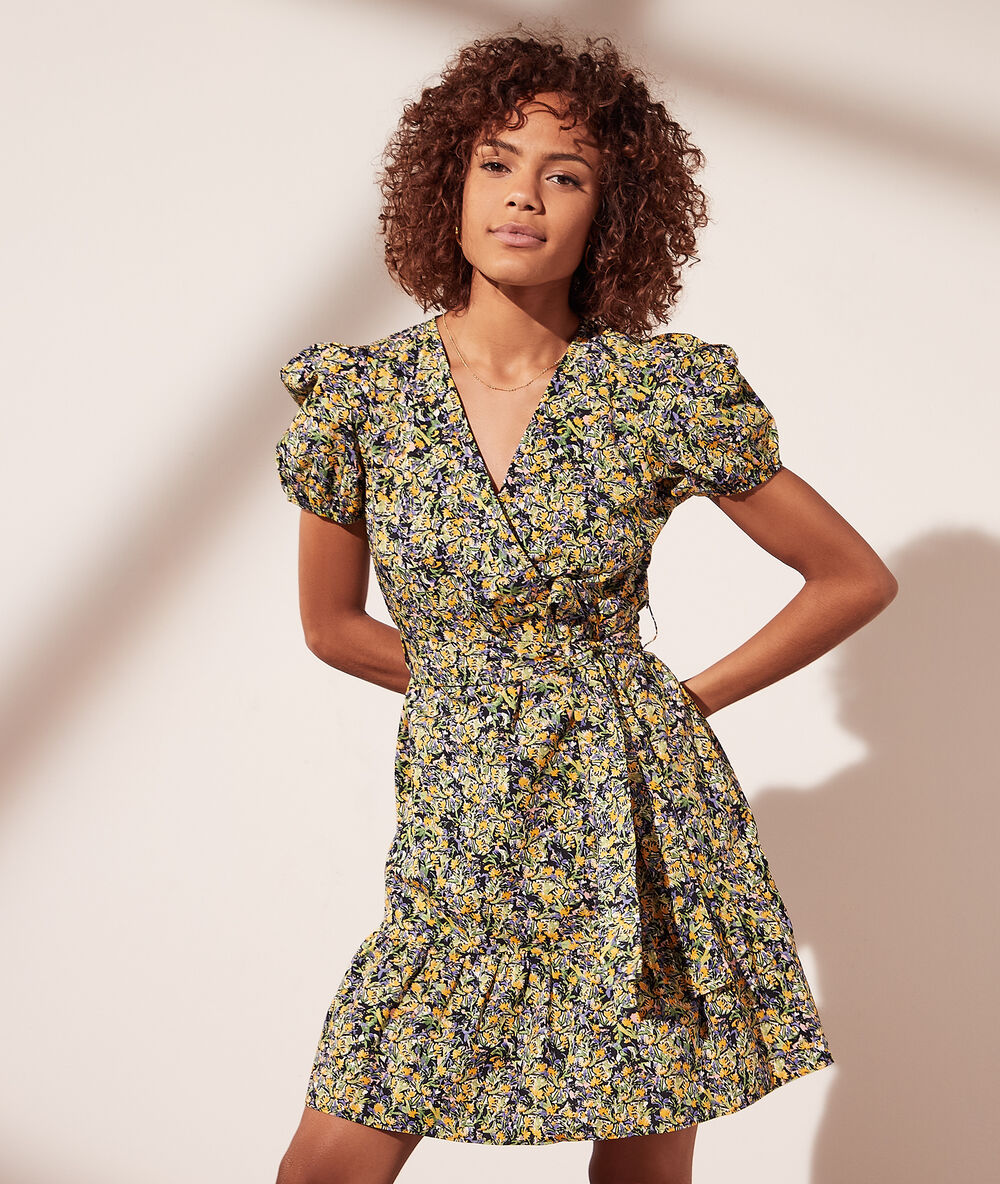 Robe portefeuille imprimé fleuri noir.