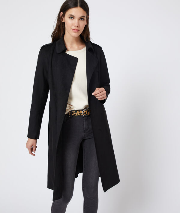 Manteau ceinturé effet daim noir.