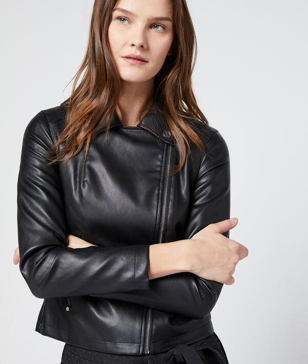 Blouson biker effet cuir noir.