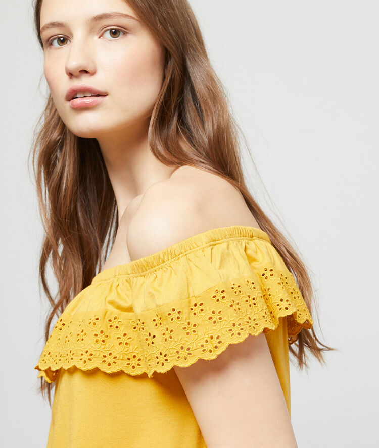 Top bustier à broderie anglaise curry.