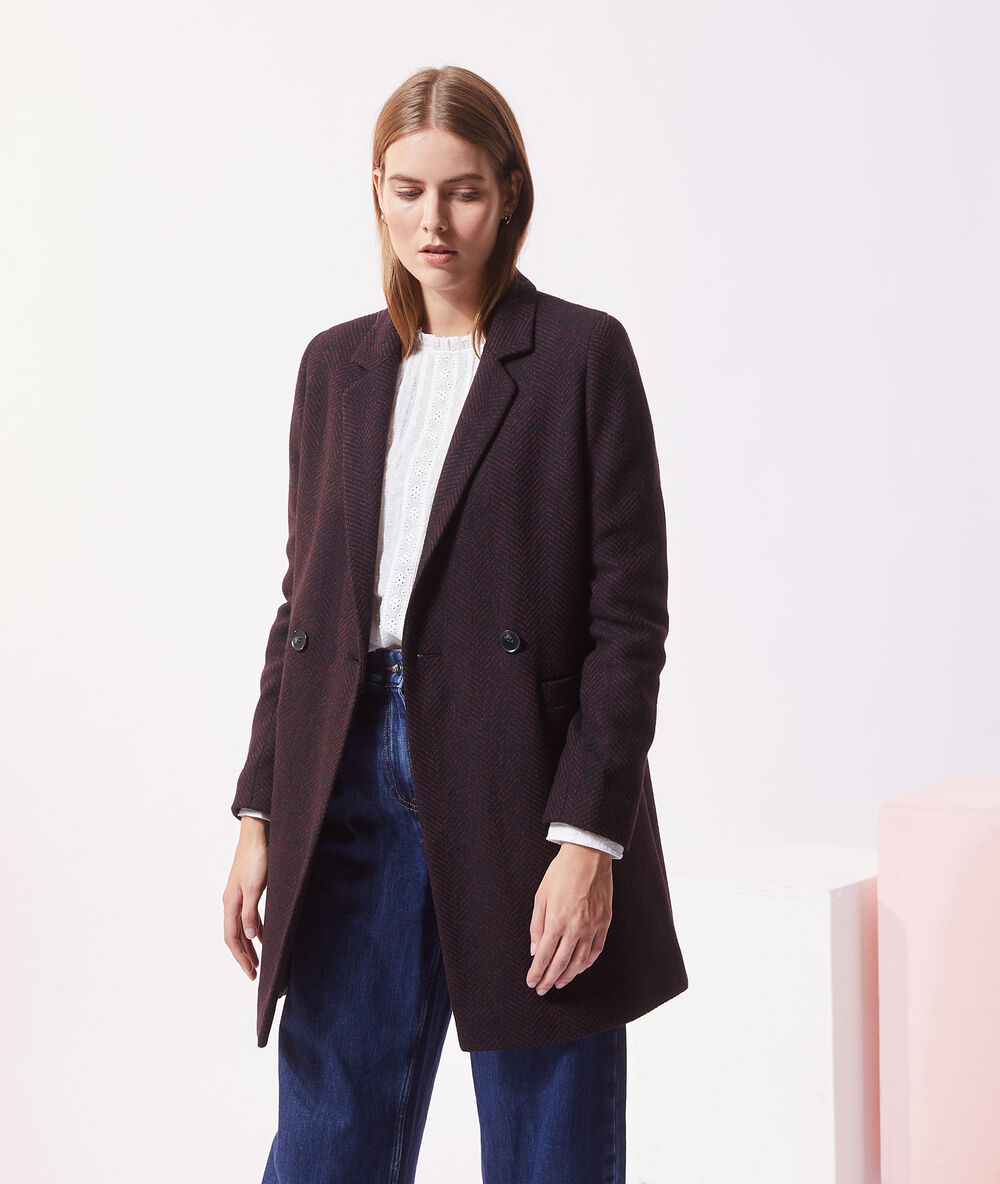 Manteau droit en laine mélangée bordeaux.