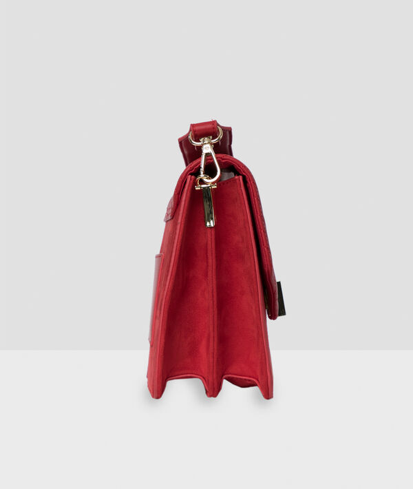 Sac besace effet cuir et daim rouge.