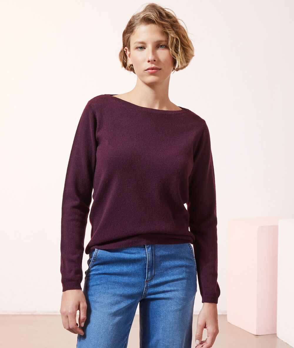 Pull col bateau en cachemire prune.