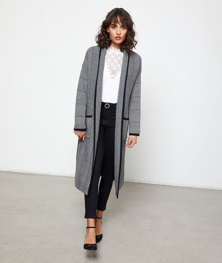 Gilet long en grosse maille gris chine moyen.