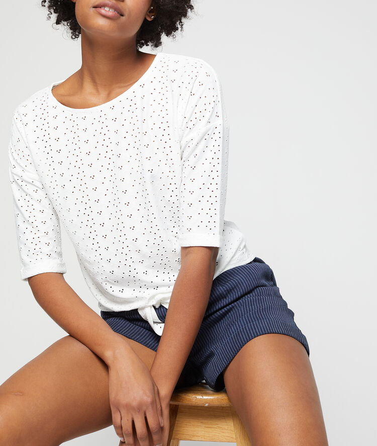 T-shirt noué en dentelle guipure blanc.