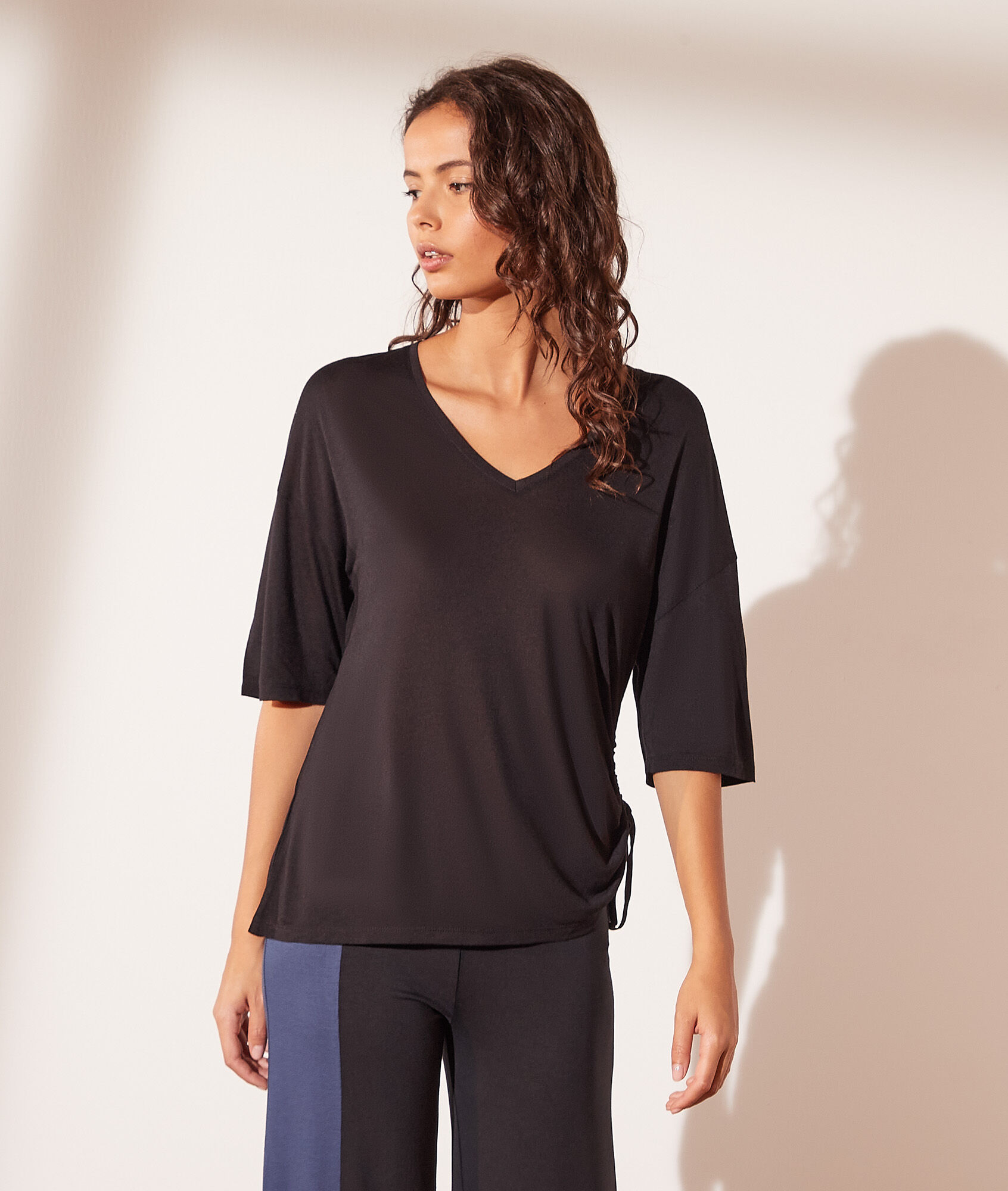 T-shirt manches 3/4 col v - Emmie - XS - Noir - Femme - Etam