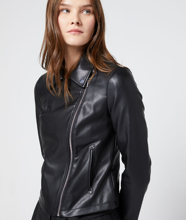 Blouson biker effet cuir noir.