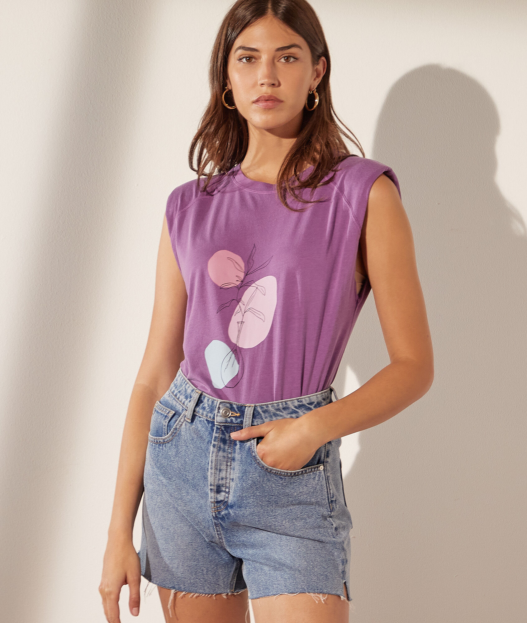 T-shirt épaulettes imprimé en coton - Julia - XS - Violet - Femme - Etam