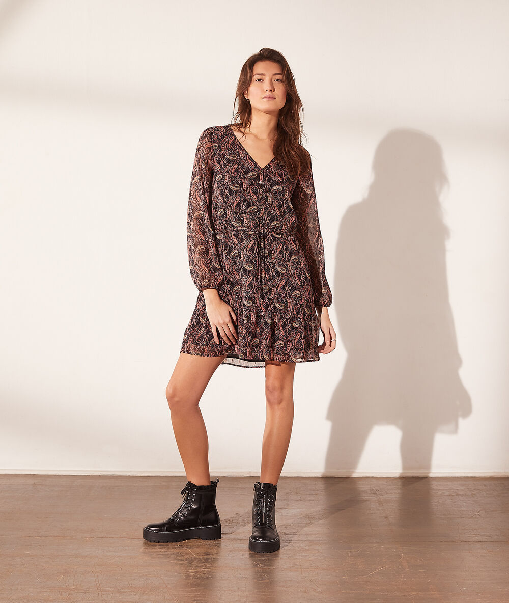 Robe fluide imprimée à nouer noir.
