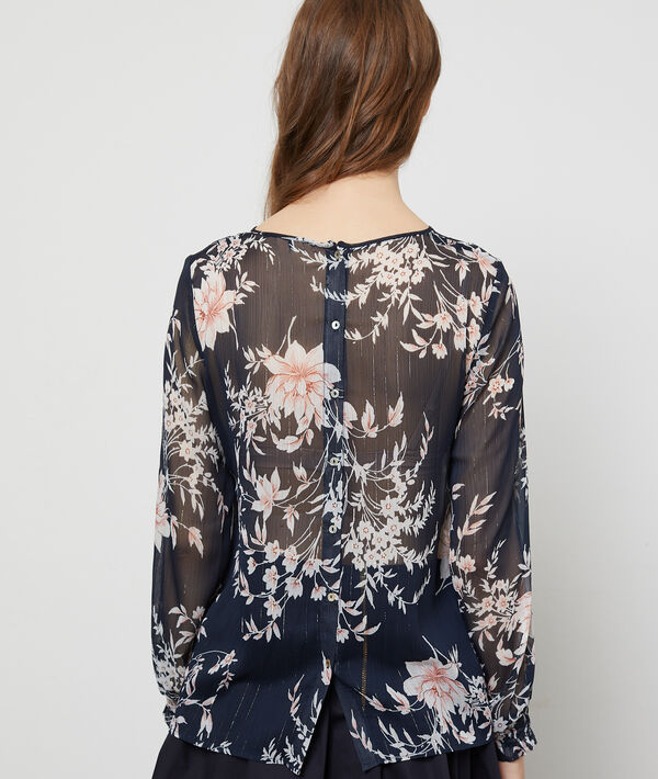 Blouse à motif fleuri, effet transparent marine.