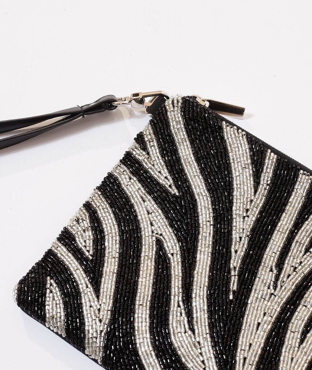 Sac pochette à perles zèbre noir.