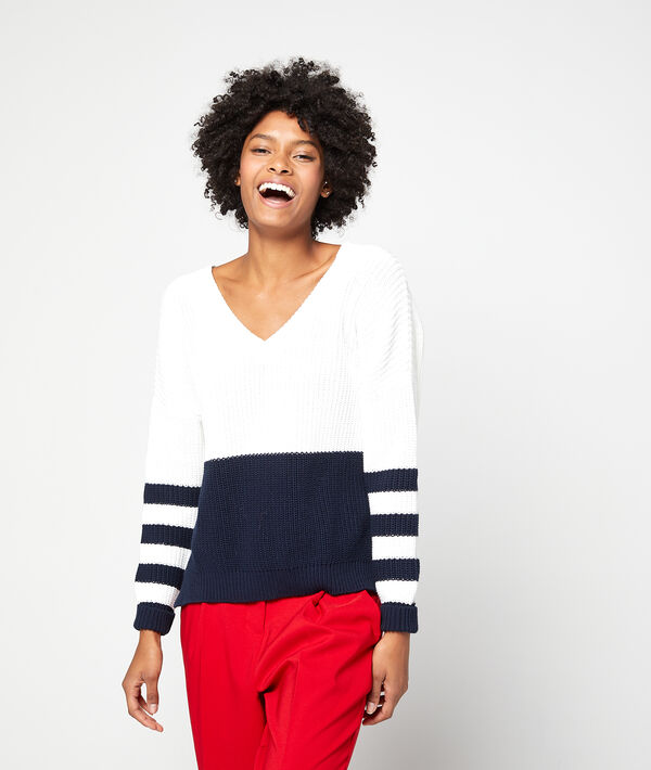 Pull à rayures en grosse maille ecru.