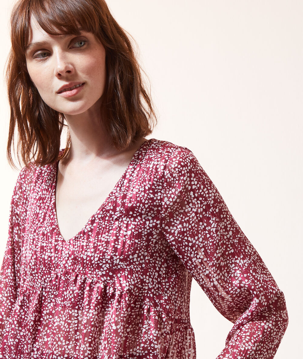 Blouse fluide imprimée 2 en 1 - brassière intégrée bordeaux.