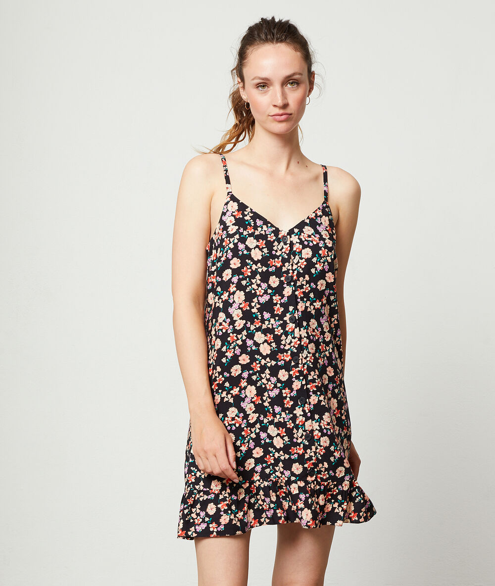 Robe fines bretelles imprimé fleuri noir.