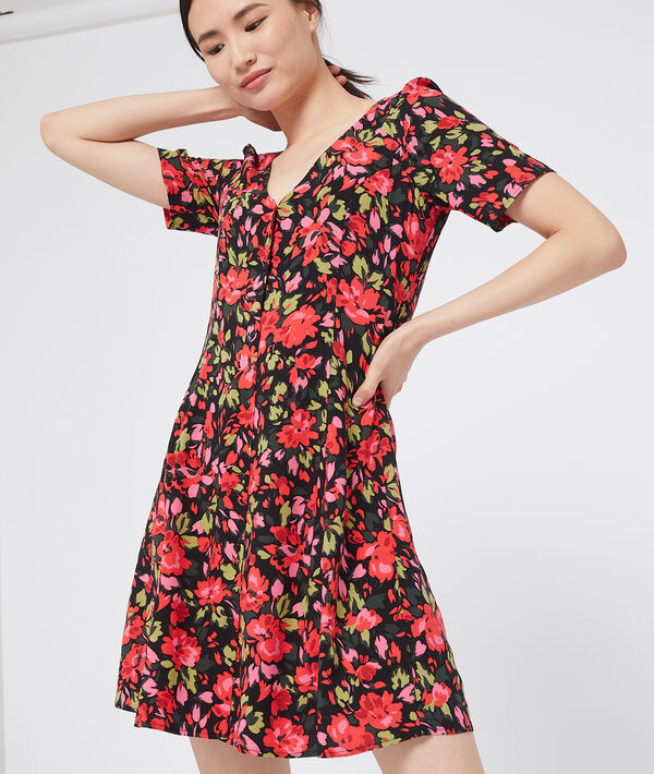 Robe évasée à imprimé fleuri noir.