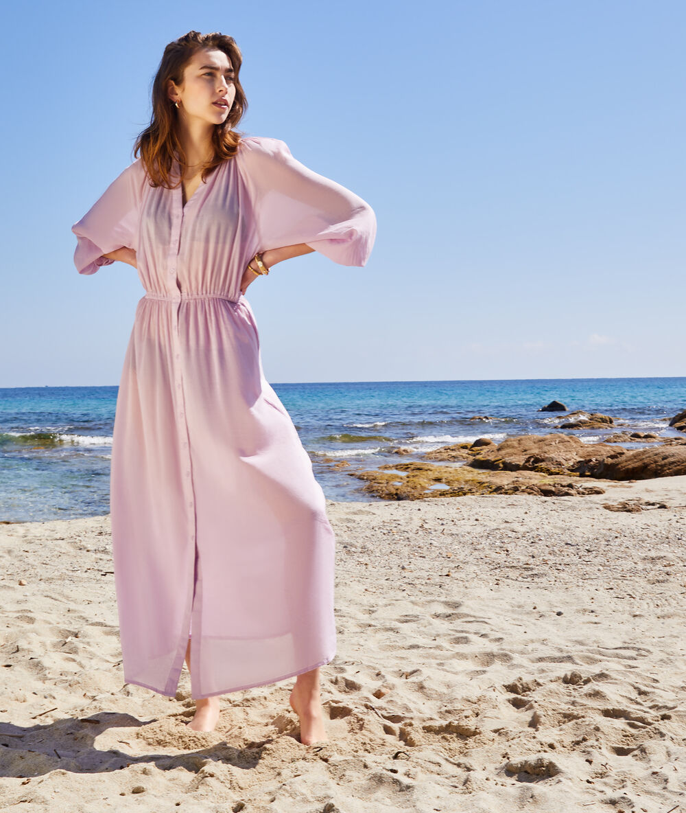 Robe longue de plage taille élastique lilas.
