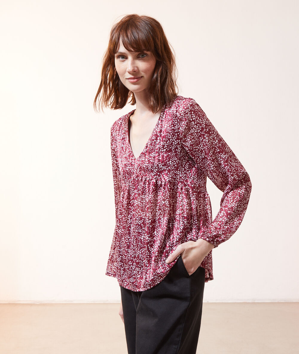 Blouse fluide imprimé 2 en 1 - brassière intégrée bordeaux.