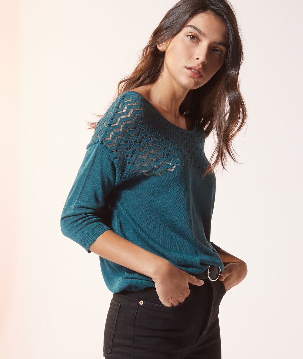 Pull en maille ajourée vert paon.